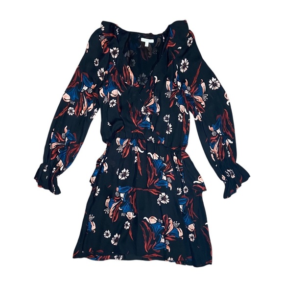 JOIE Silk Mini Dress Long Sleeve V-Neck Layered Ruffle Skirt Large Black Floral - Picture 4 of 5